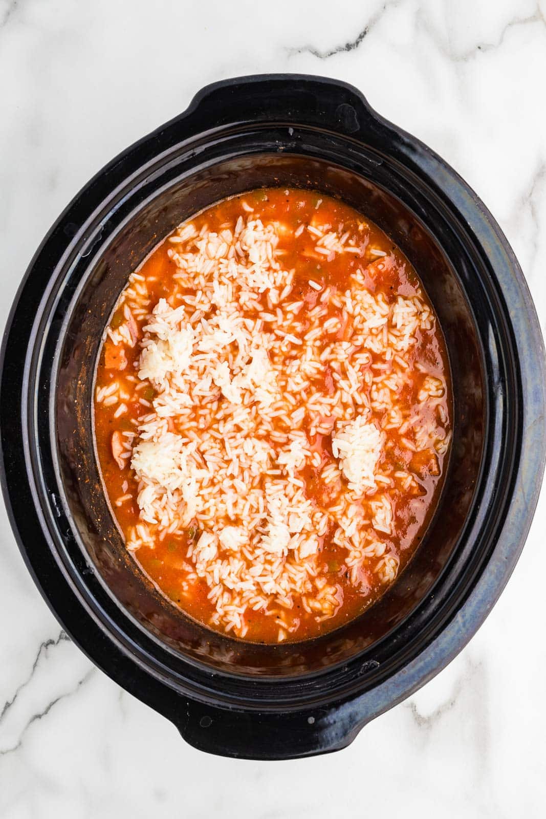 black slow cooker with rice added to all ingredients