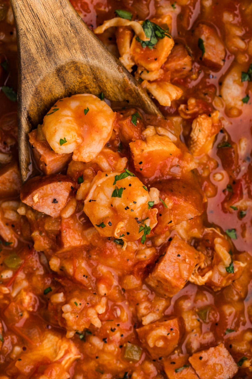 closeup view of cooked jambalaya with wooden spoon inserted