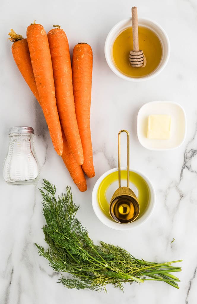 ingredients to include 4 carrots, honey, butter, fresh dill, salt and olive oil