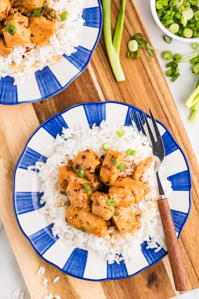 overhead view of two blue and white dinner plates with white rice and apricot chicken and fork on wooden cutting board, with bowl of sliced green onions on the side