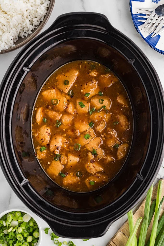 overhead view of black slow cooker with cooked chicken and green onions sprinkled on top surrounded by bowl of rice, sliced green onions, green onions, and plate with fork