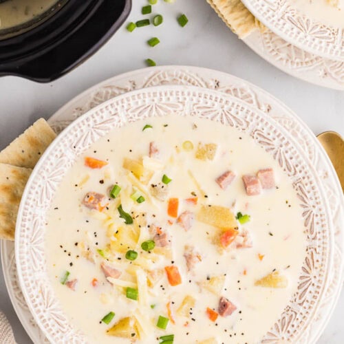 overhead view of 2 bowls of soup with black slow cooker in background