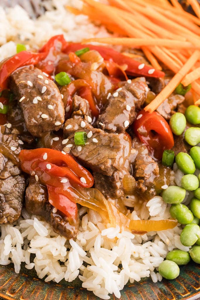 closeup of beef teriyaki on plate with rice, carrot sticks, and edamame