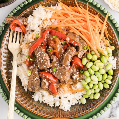 overhead view of dinner plate of teriyaki beef on white rice with edamame and carrot sticks and gold fork, surrounded by containers of cucumber, salt and pepper, sesame seeds, green onion, and carrots sticks